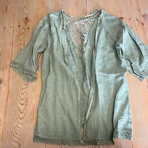 Olive green linen and lace shirt